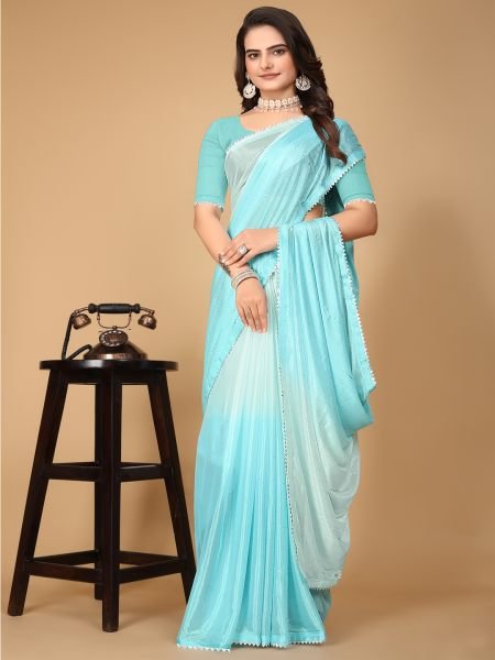 Sky Blue Solid Plain Lace Border Fix Diamond Work Designer Saree Designer Sarees