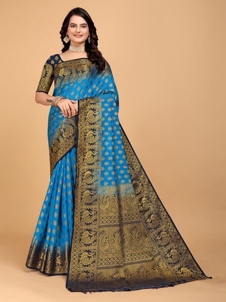 Sky Blue Woven Banarasi Nylon Pure Silk Saree Sale