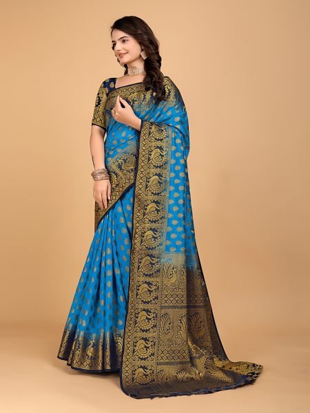 Sky Blue Woven Banarasi Nylon Pure Silk Saree Banarasi Sarees