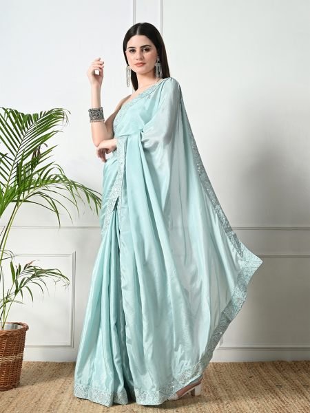 Sky Chic Party Wear A Modern Chinon Solid Saree with an Embroidered Lace Border Sale