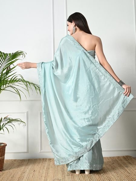 Sky Chic Party Wear A Modern Chinon Solid Saree with an Embroidered Lace Border Designer Sarees