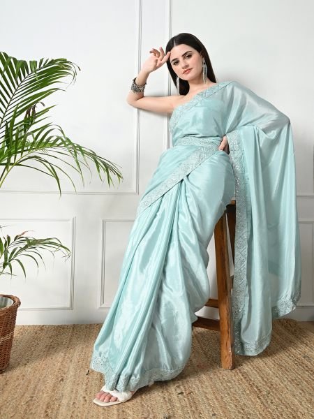 Sky Chic Party Wear A Modern Chinon Solid Saree with an Embroidered Lace Border Designer Sarees