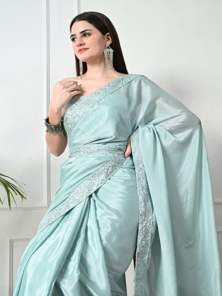 Sky Chic Party Wear A Modern Chinon Solid Saree with an Embroidered Lace Border Designer Sarees