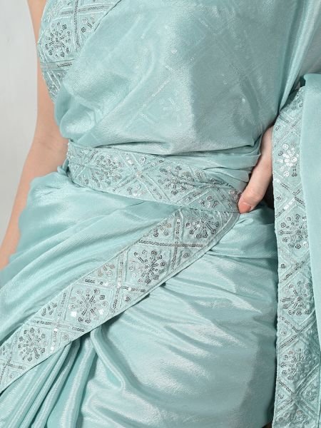 Sky Chic Party Wear A Modern Chinon Solid Saree with an Embroidered Lace Border Designer Sarees