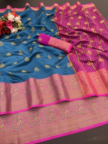 Sky Cotton Silk Banarasi Saree with Jacquard Zari Peacock Woven Border Sale