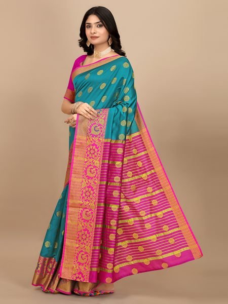 Sky Ready To Wear Cotton Silk Woven Zari Jacquard Banarasi Traditional Saree Banarasi Sarees