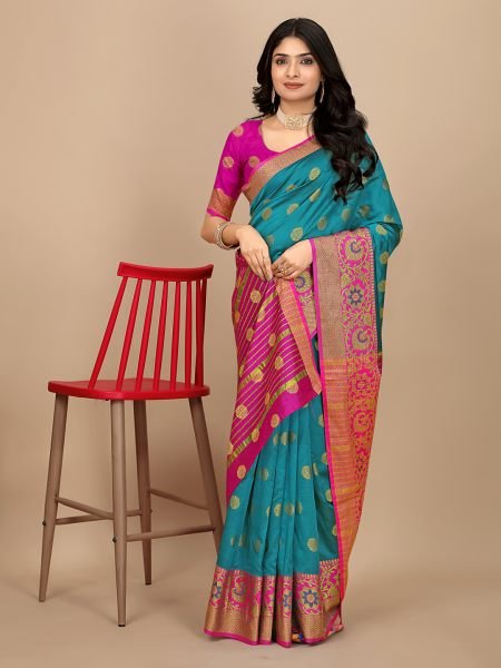 Sky Ready To Wear Cotton Silk Woven Zari Jacquard Banarasi Traditional Saree Banarasi Sarees