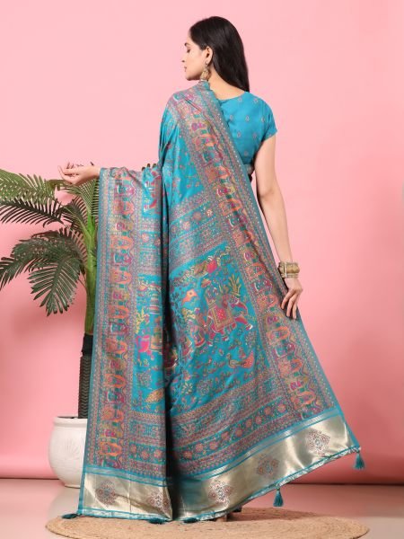 Sky Floral Printed Woven Zari Pashmina Saree Banarasi Sarees