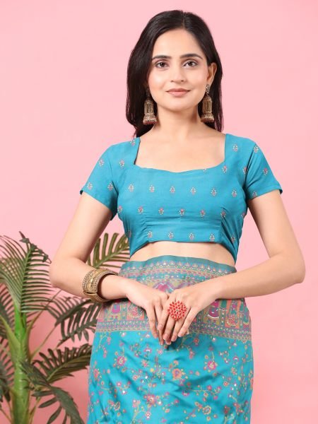 Sky Floral Printed Woven Zari Pashmina Saree Banarasi Sarees