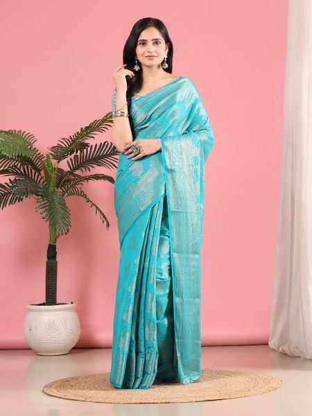Sky Banarasi Georgette jacquard Saree With Embroidery Blouse Banarasi Sarees