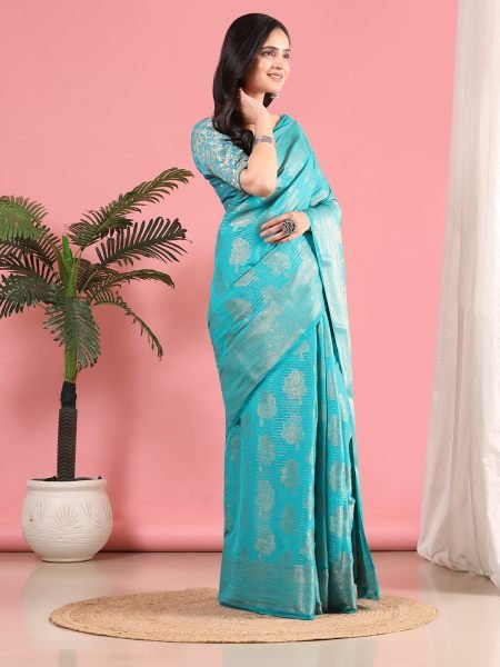 Sky Banarasi Georgette jacquard Saree With Embroidery Blouse Banarasi Sarees