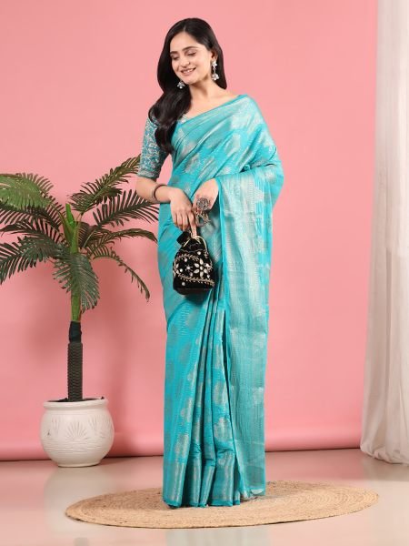 Sky Banarasi Georgette jacquard Saree With Embroidery Blouse Banarasi Sarees