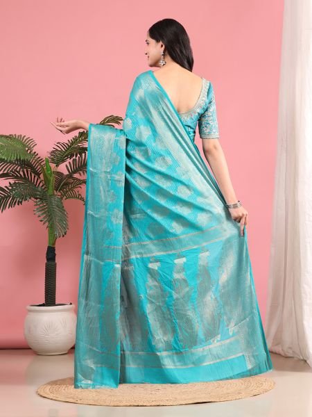 Sky Banarasi Georgette jacquard Saree With Embroidery Blouse Banarasi Sarees