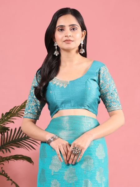 Sky Banarasi Georgette jacquard Saree With Embroidery Blouse Banarasi Sarees