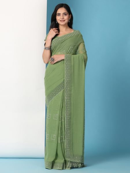 Pista Georgette Swarovski Diamond Work Saree Designer Sarees