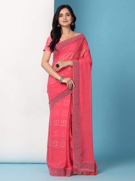 Red Georgette Swarovski Diamond Work Saree Designer Sarees