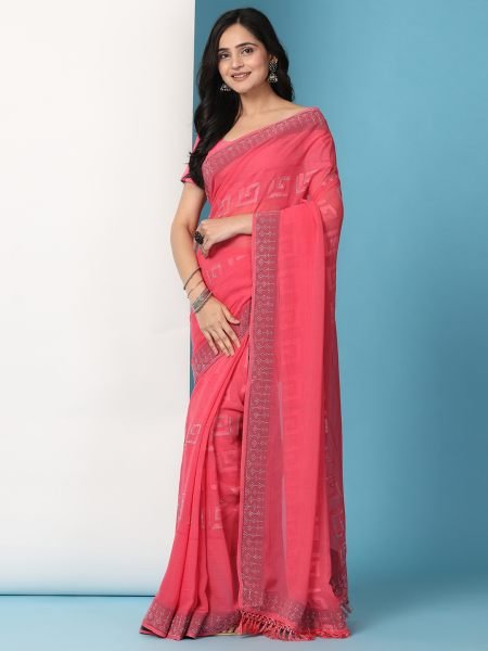 Red Georgette Swarovski Diamond Work Saree Designer Sarees