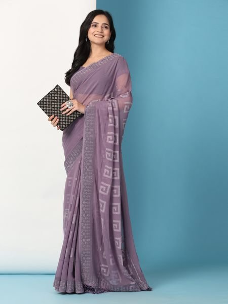 Lavender Georgette Swarovski Diamond Work Saree Designer Sarees