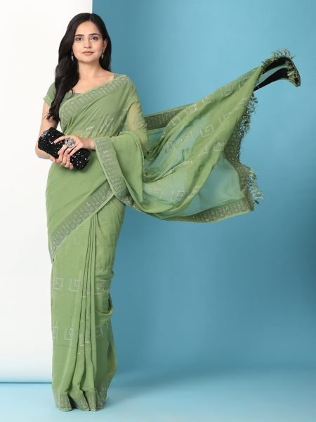 Pista Georgette Swarovski Diamond Work Saree Designer Sarees