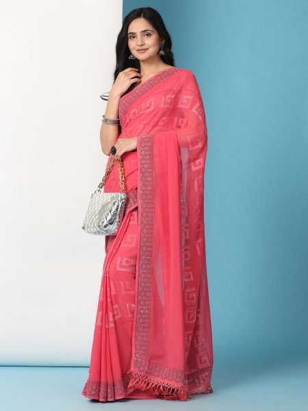 Red Georgette Swarovski Diamond Work Saree Designer Sarees