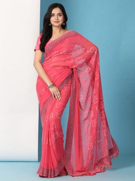 Red Georgette Swarovski Diamond Work Saree Designer Sarees