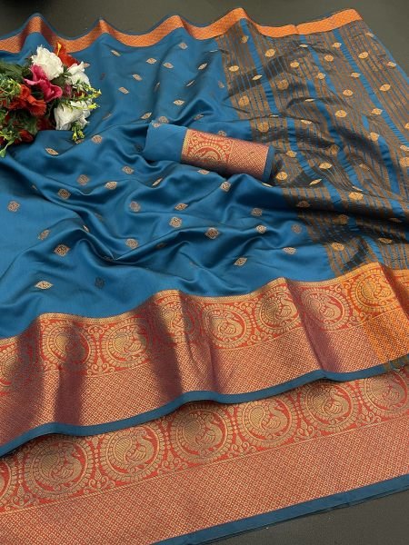 Sky Soft Silk Banarasi Saree with Gold Zari Jacquard Detailing Sale