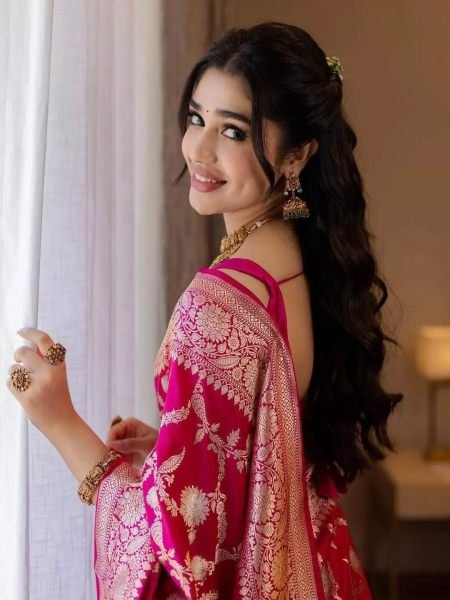 Soft Banarasi Silk Jacquard Zari Woven Pink Saree Banarasi Sarees