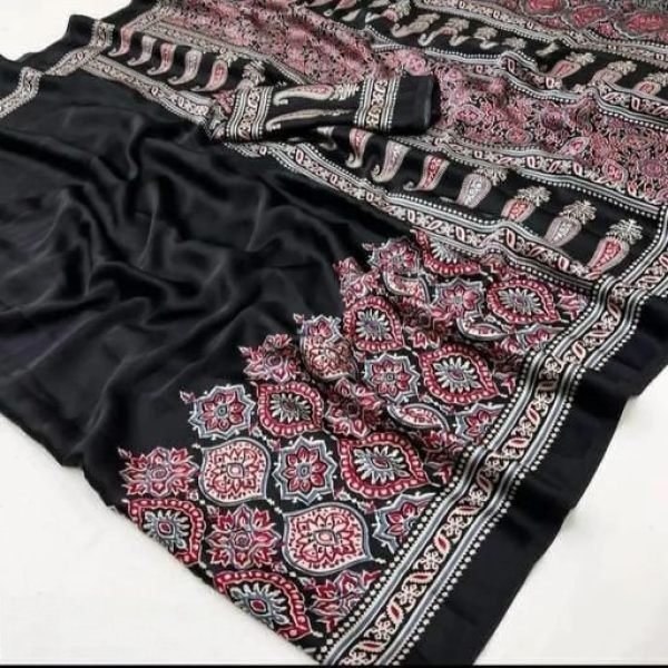 Soft Modal Silk Natural Ajrakh Printed Saree with Unstitched Blouse