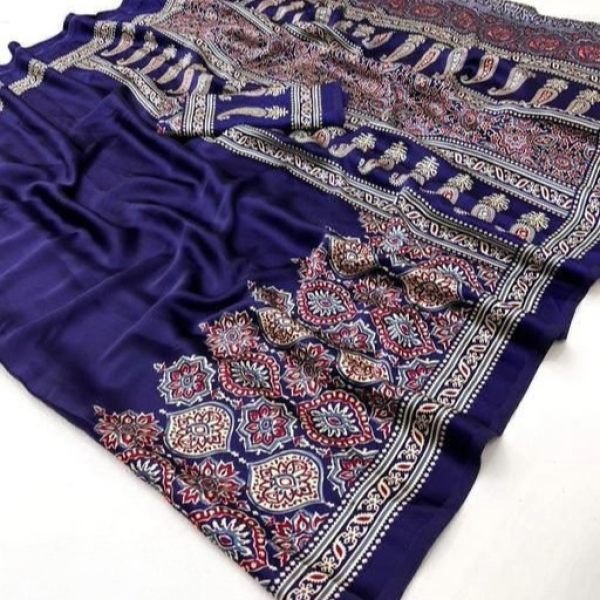 Soft Modal Silk Natural Ajrakh Printed Saree with Unstitched Blouse Daily Deals