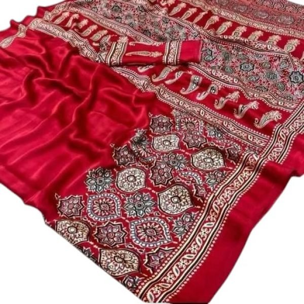 Soft Modal Silk Natural Ajrakh Printed Saree with Unstitched Blouse Daily Deals