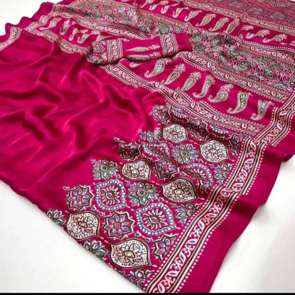 Soft Modal Silk Natural Ajrakh Printed Saree with Unstitched Blouse Daily Deals