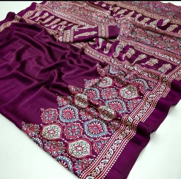 Soft Modal Silk Natural Ajrakh Printed Saree with Unstitched Blouse Printed Sarees