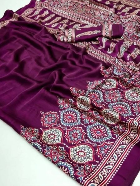 Soft Modal Silk Natural Ajrakh Printed Saree with Unstitched Blouse Daily Deals