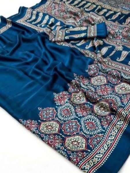 Soft Modal Silk Natural Ajrakh Printed Saree with Unstitched Blouse Daily Deals