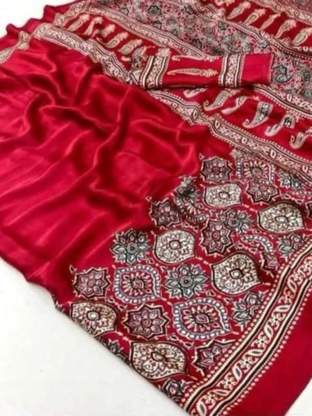Soft Modal Silk Natural Ajrakh Printed Saree with Unstitched Blouse Daily Deals