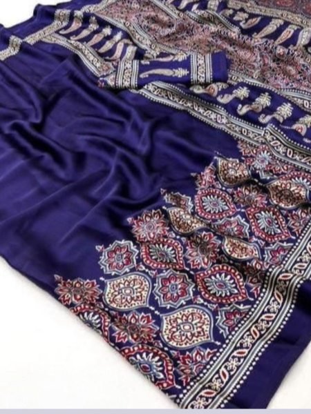 Soft Modal Silk Natural Ajrakh Printed Saree with Unstitched Blouse Daily Deals