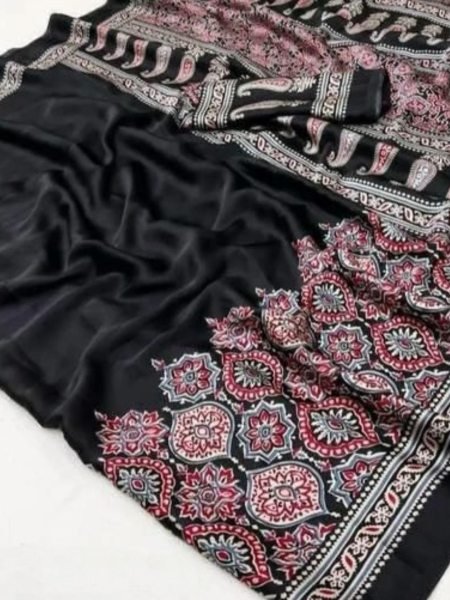 Soft Modal Silk Natural Ajrakh Printed Saree with Unstitched Blouse