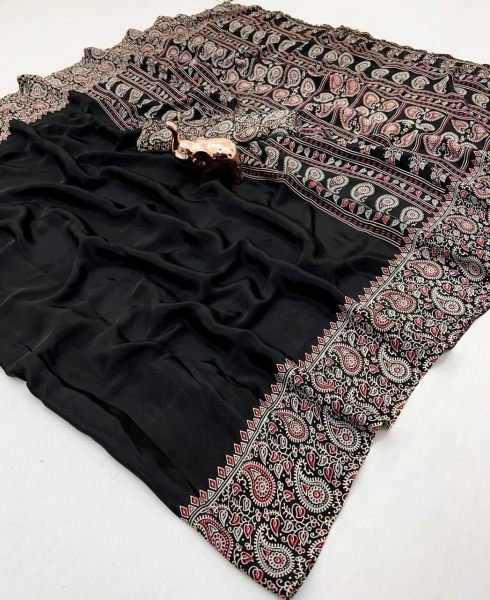 Soft Modal Silk Natural Ajrakh Printed Saree with Unstitched Blouse