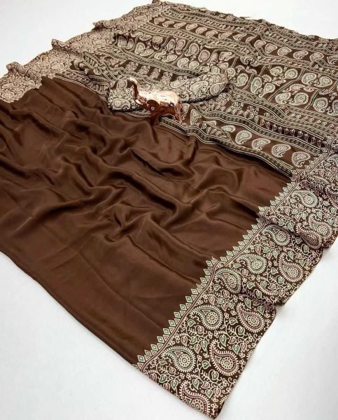 Soft Modal Silk Natural Ajrakh Printed Saree with Unstitched Blouse 