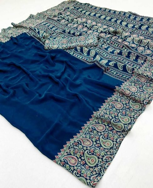 Soft Modal Silk Natural Ajrakh Printed Saree with Unstitched Blouse