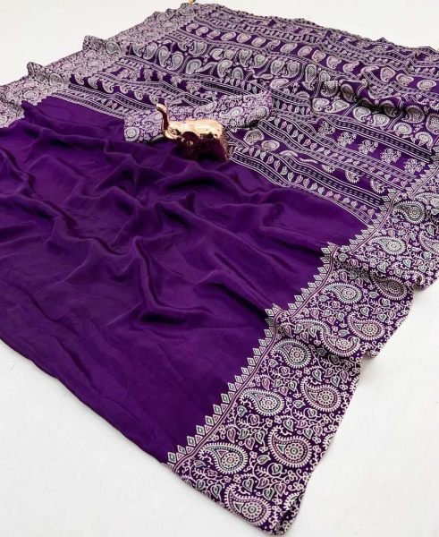 Soft Modal Silk Natural Ajrakh Printed Saree with Unstitched Blouse