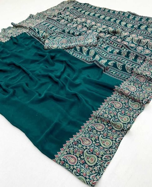 Soft Modal Silk Natural Ajrakh Printed Saree with Unstitched Blouse