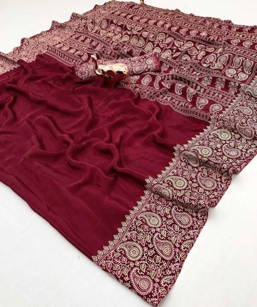 Soft Modal Silk Natural Ajrakh Printed Saree with Unstitched Blouse