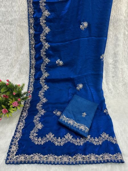 Traditional Embroidered Satin Silk Saree with Unstitched Blouse Piece  Daily Deals