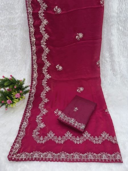 Traditional Embroidered Satin Silk Saree with Unstitched Blouse Piece  Daily Deals