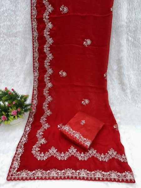 Traditional Embroidered Satin Silk Saree with Unstitched Blouse Piece  Daily Deals