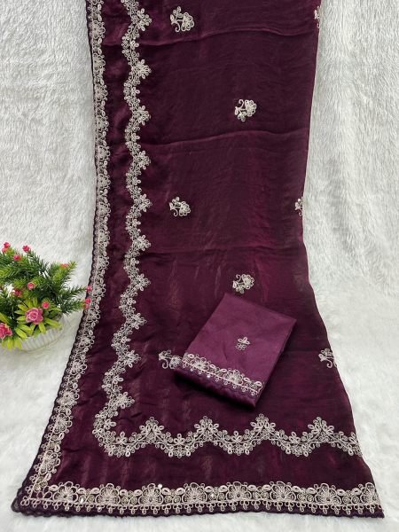 Traditional Embroidered Satin Silk Saree with Unstitched Blouse Piece  Daily Deals