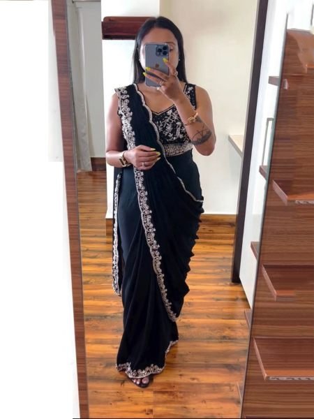 Trending Black Embroidery cording work ready to wear Saree 