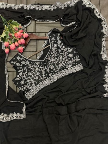 Trending Black Embroidery cording work ready to wear Saree Designer Sarees