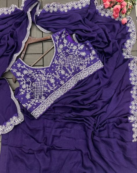 Trending Purple Embroidery cording work ready to wear Saree Designer Sarees
